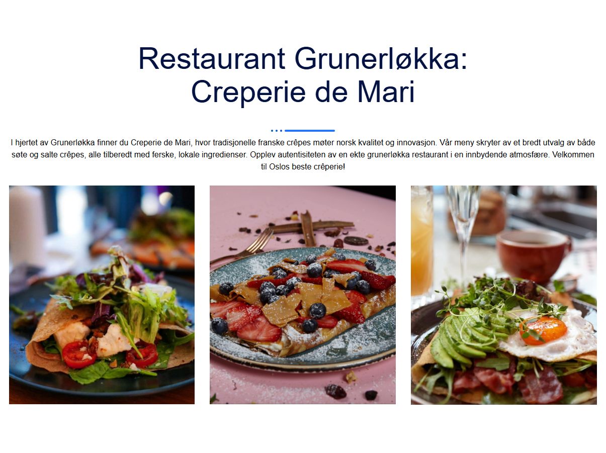 Архивный локальный контент Crêperie de Mari с упоминанием Grünerløkka и категориями блюд