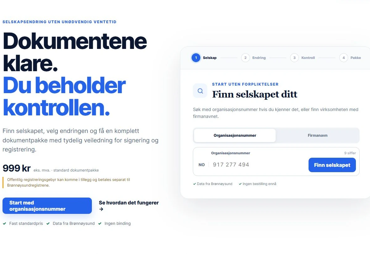 Главная страница норвежской платформы Selskapsendringer.no